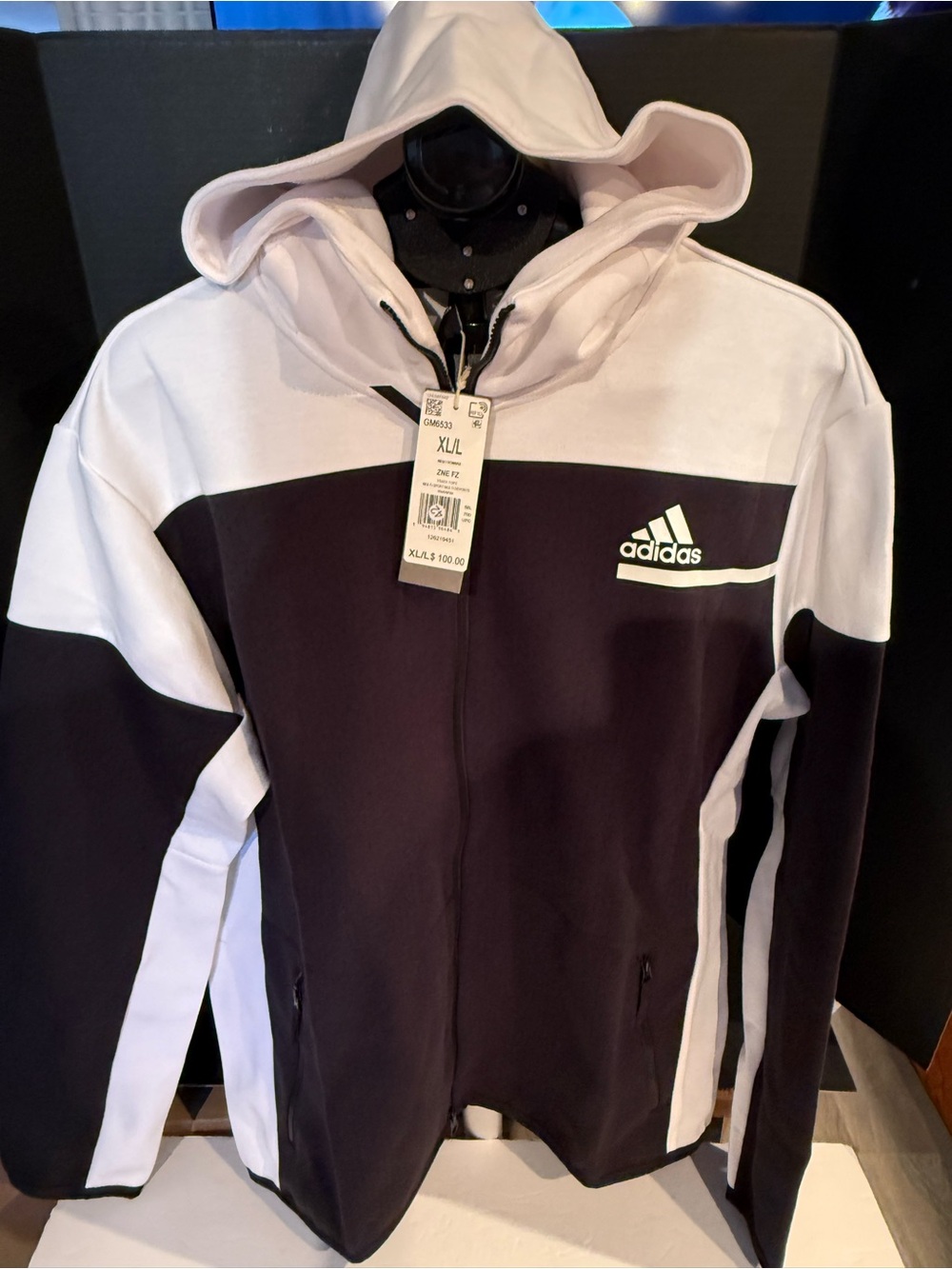adidas Men’s Black and White Colorblock Hooded Zip Jacket